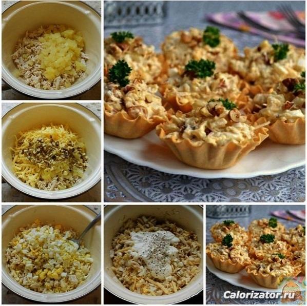 Салат с курицей и ананасами в тарталетках